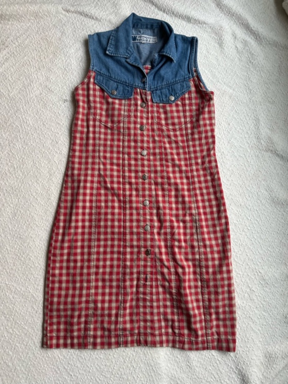 Vintage Indigo Martini Denim Plaid Dress Small Sleeveless Button Front Mini 90s